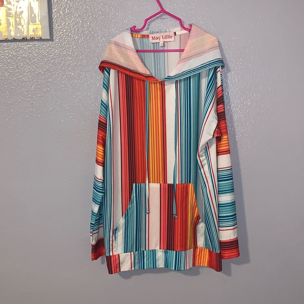 May Lillie Western Aztec Print Lightweight Colorful Striped Hoodie